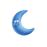 A cheerful blue crescent moon character with a smiling face and twinkling stars. png