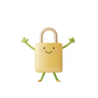 A cheerful padlock character with arms and a smiling face, symbolizing security and safety. png