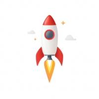 A colorful rocket soaring through clouds, symbolizing innovation and exploration. png