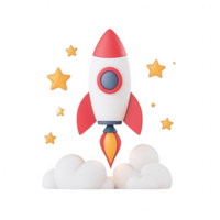 A colorful rocket launching into space surrounded by stars and clouds. png