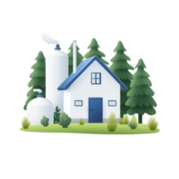 A cozy cottage surrounded by lush trees and modern infrastructure for sustainability. png
