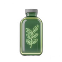 A green glass bottle featuring a leaf design, symbolizing freshness and nature. png