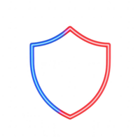 A neon shield symbol representing security and protection in a digital world. png