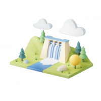 A serene illustration of a waterfall surrounded by lush greenery and fluffy clouds. png