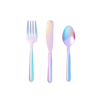 A shiny, iridescent set of cutlery including a fork, knife, and spoon. png