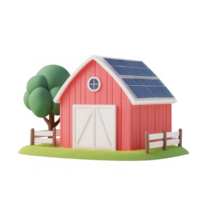 Colorful model of a solar panel-equipped barn surrounded by greenery. png