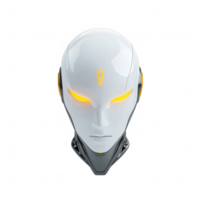 Futuristic robotic head with glowing features representing innovation and AI. png