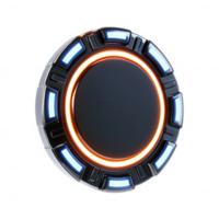 Futuristic circular interface design with glowing elements and sleek surface. png