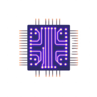 Futuristic microchip with glowing circuit patterns and detailed connections. png