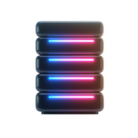 Futuristic server stack with vibrant neon lights, symbolizing modern data storage. png