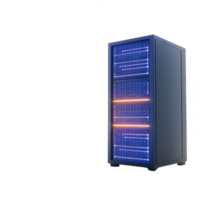 Futuristic server cabinet with glowing lights and digital interfaces. png