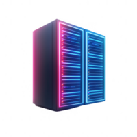 Futuristic server rack with neon lights, representing advanced data storage solutions. png