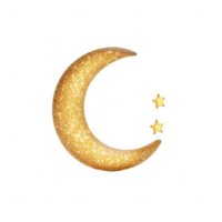 Illustration of a shimmering crescent moon and twinkling stars on a dark background. png
