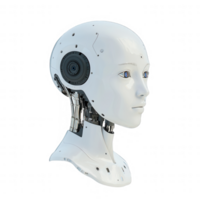 Innovative humanoid robot head showcasing advanced AI and mechanical design. png