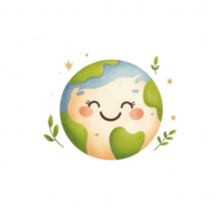 A cheerful Earth character surrounded by leaves and sparkles, promoting environmental care. png