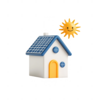 A cheerful house with solar panels and a smiling sun, symbolizing eco-friendly living. png