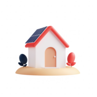 A colorful, modern house with solar panels and decorative plants surrounding it. png