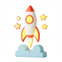 A colorful rocket launching into the sky with stars and clouds, symbolizing adventure. png