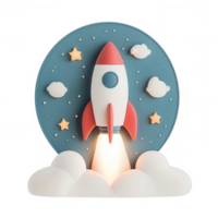 un vistoso cohete altísimo mediante nubes, simbolizando exploración y innovación. png