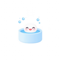 A cute, happy character relaxing in a refreshing bath with bubbles and water. png
