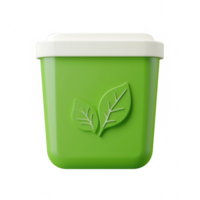 A green recycling bin with a leaf design, symbolizing eco-friendly practices. png