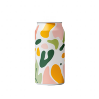 Colorful beverage can with abstract design against a simple background. png
