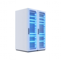 Futuristic data server with glowing LED lights for modern digital environments. png