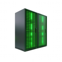 High-tech data center rack with glowing green indicators, showcasing modern server design. png