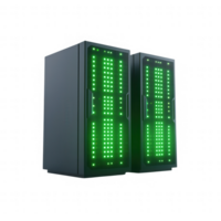 High-performance servers with glowing green lights for data processing and storage. png