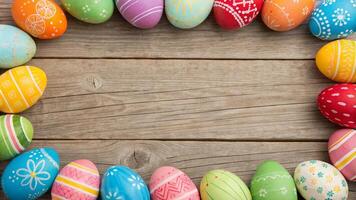 multicolored easter eggs frame on wooden background photo