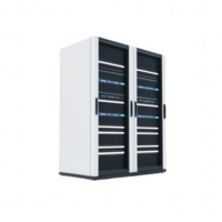 Modern server rack with multiple shelves and advanced cooling features. png