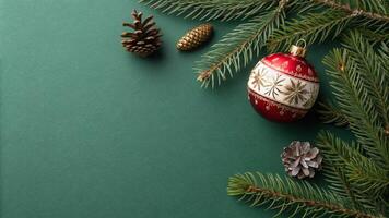 Christmas ornament and fir decoration on green background photo