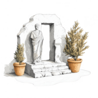 A beautiful stone archway with a statue and potted plants, symbolizing tranquility. png
