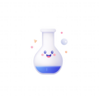 A cheerful animated flask with blue liquid and colorful bubbles, perfect for science themes. png