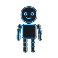 A cheerful robotic character with glowing features and a friendly appearance. png