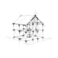 A detailed sketch of a wooden house under construction showing its framework. png