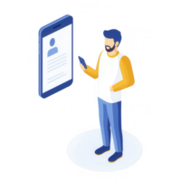 A man interacting with a smartphone displaying a profile, illustrating digital communication. png