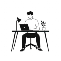 A man working at a desk, using a laptop with a plant and lamp surrounding him. png