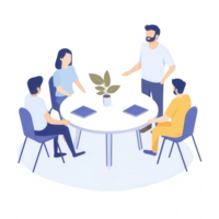 A team collaborates during a meeting around a round table with digital devices. png