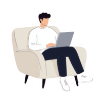 A person sitting on a cozy chair working on a laptop at home, enjoying a relaxed atmosphere. png