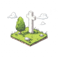 An illustrated grave with a cross, surrounded by grass and trees under a cloudy sky. png