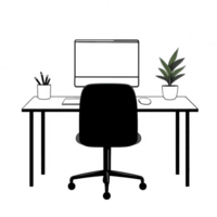 A stylish workspace featuring a desk, computer, and decorative plant. png