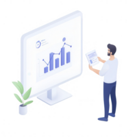 A professional analyzing data on a large screen with a tablet in hand. png