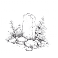 A mystical stone monument surrounded by lush plants and trees in a serene setting. png