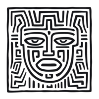 Abstract tribal face design with intricate maze patterns in black lines on a white background. png