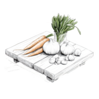 Fresh vegetables arranged beautifully on a rustic wooden pallet. png