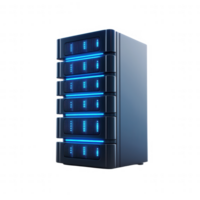 High-tech data storage server with glowing blue lights for enhanced performance. png