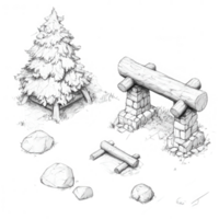 Hand-drawn landscape scene with trees, stones, and logs in a serene setting. png