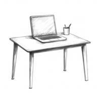 Minimalist desk setup featuring a laptop, pencil holder, and clean workspace. png