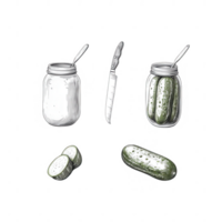 Illustration of cucumbers in jars, sliced and whole, with a knife for preparing pickles. png